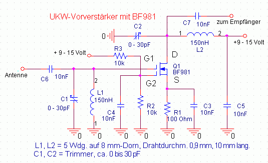 Stromlaufplan des UKW-Vorverstärkers mit dem BF981